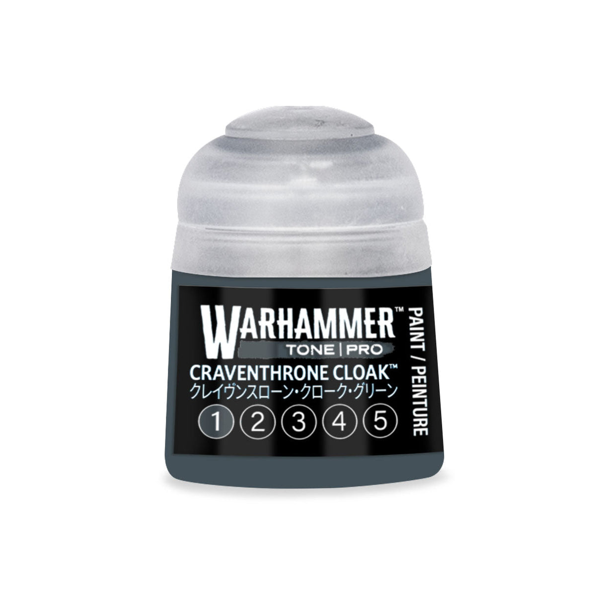 A small cylindrical bottle of Warhammer Tone Pro paint in Craventhrone Cloak with a translucent cap and black label