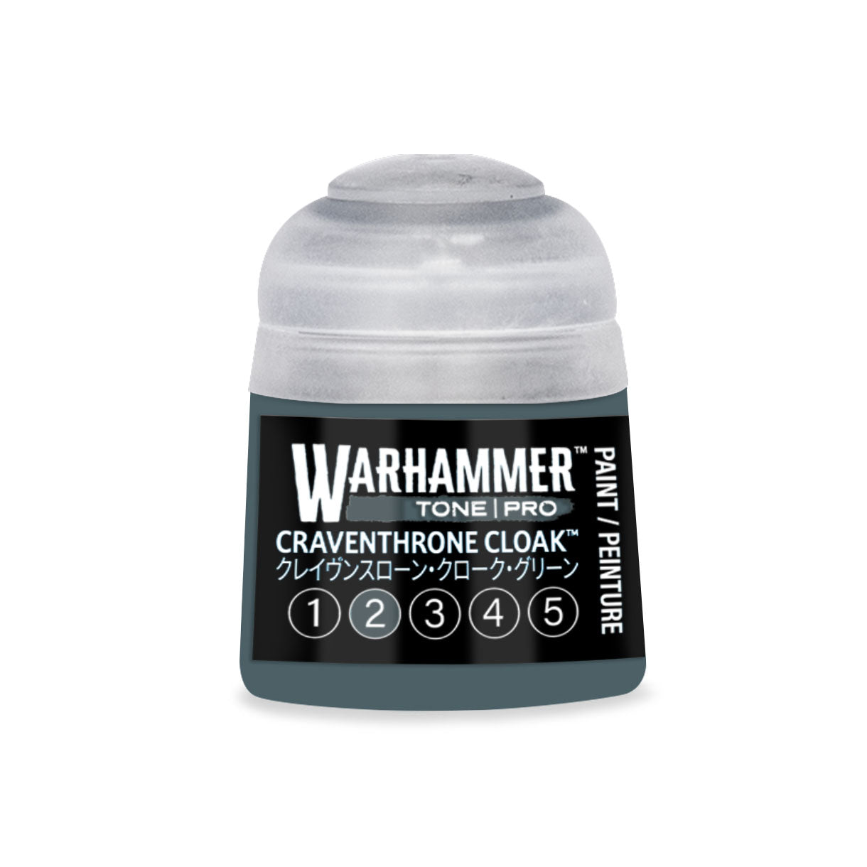 A small translucent plastic bottle of Warhammer Tone Pro paint in craventhrone cloak shade 12ml