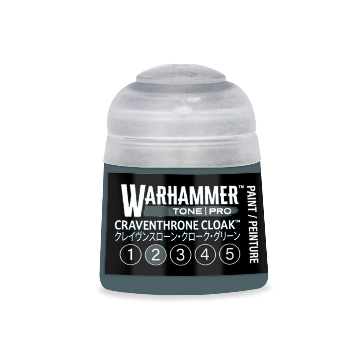 A small translucent plastic bottle of Warhammer Tone Pro paint in craventhrone cloak shade 12ml