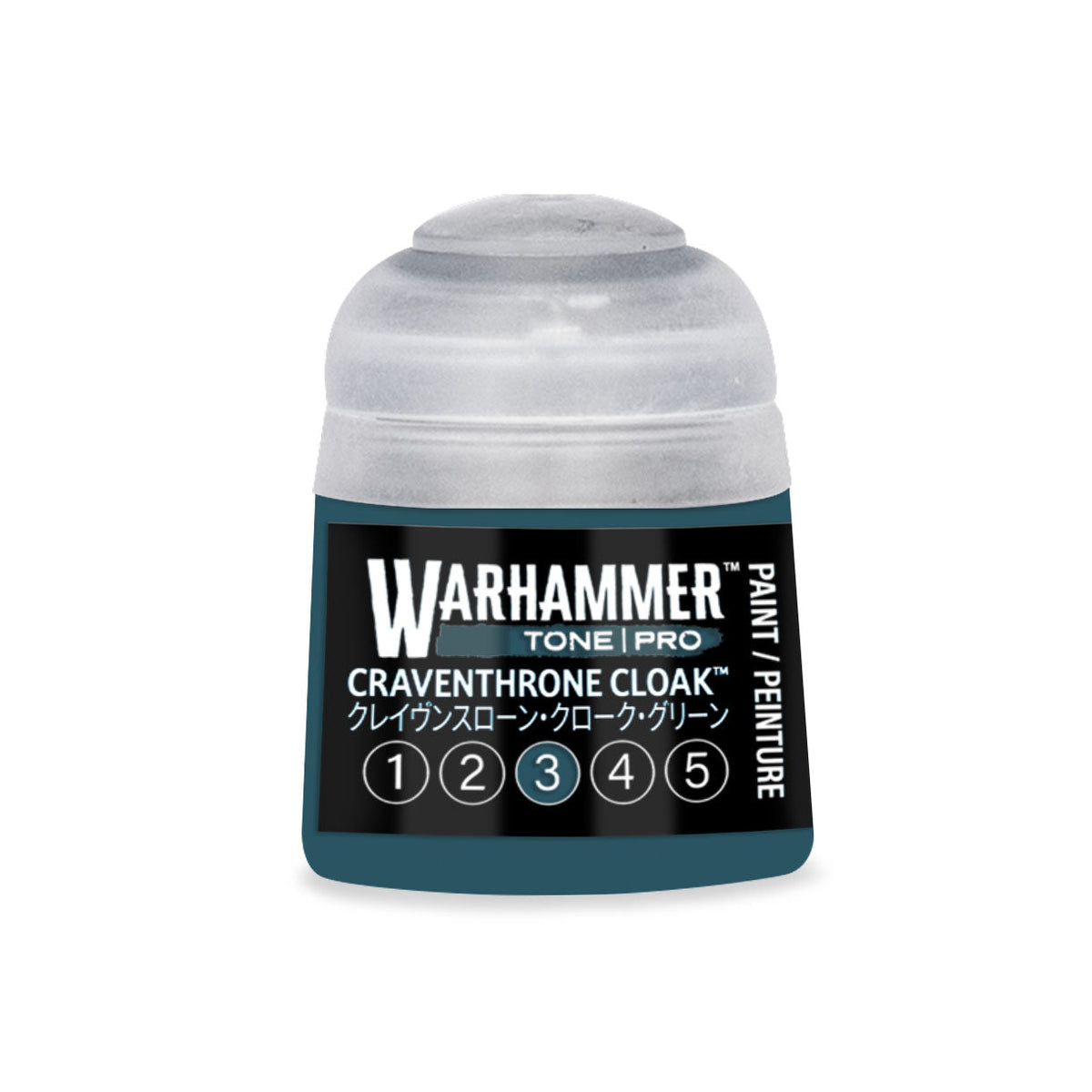 A small translucent plastic bottle of Warhammer Tone Pro paint in the color Craventhrone Cloak 12ml