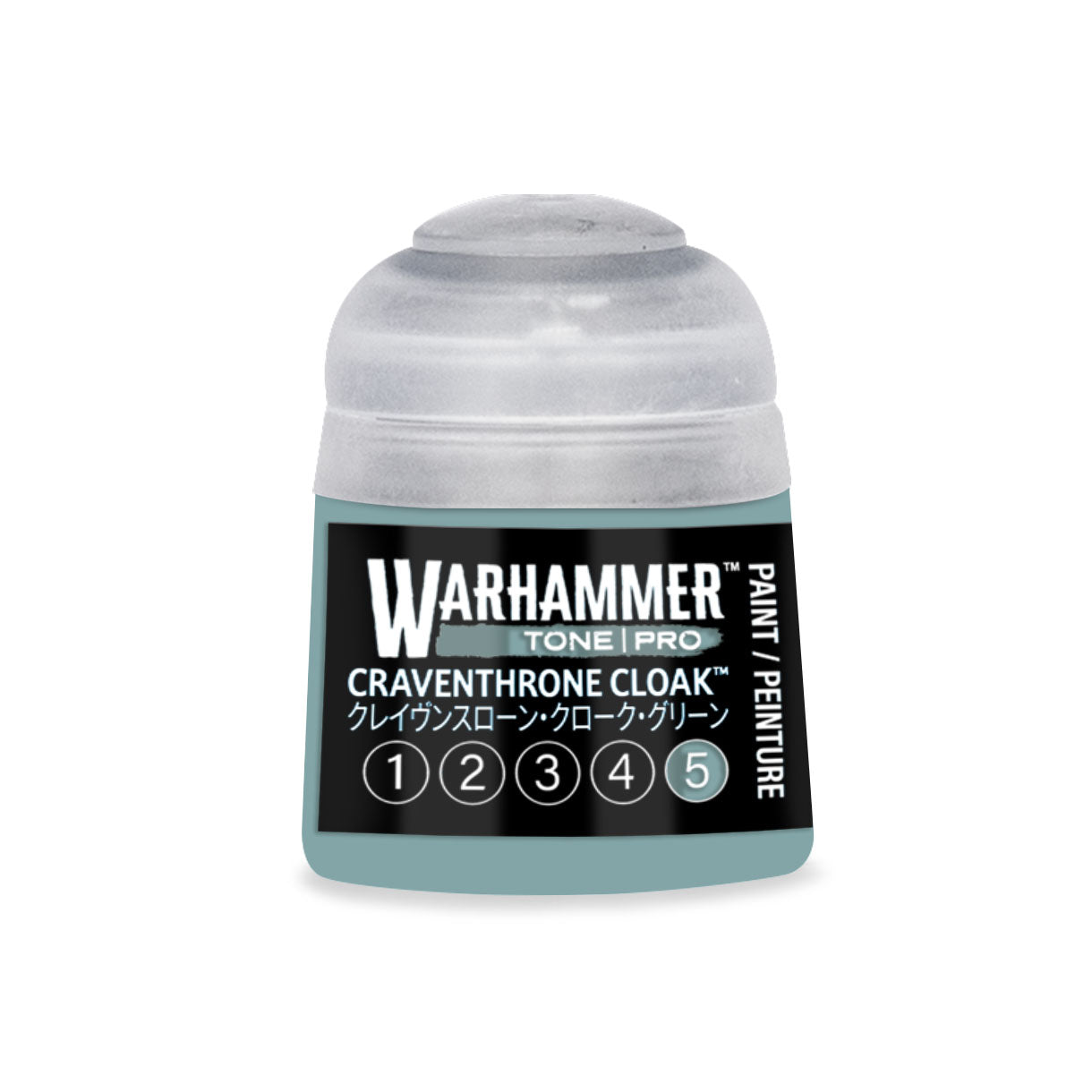 A small translucent plastic bottle of Warhammer Tone Pro paint in Craventhrone Cloak shade 12ml