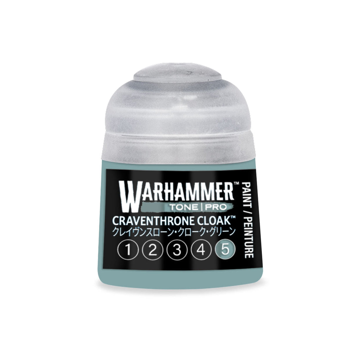 A small translucent plastic bottle of Warhammer Tone Pro paint in Craventhrone Cloak shade 12ml