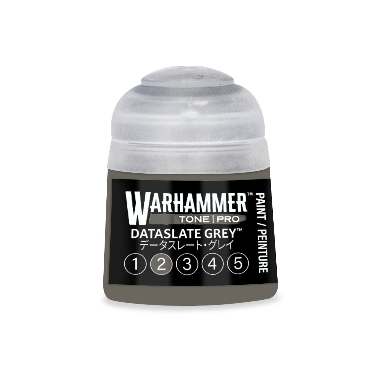 A small cylindrical bottle of warhammer tone pro paint in dataslate grey for miniature painting 12ml