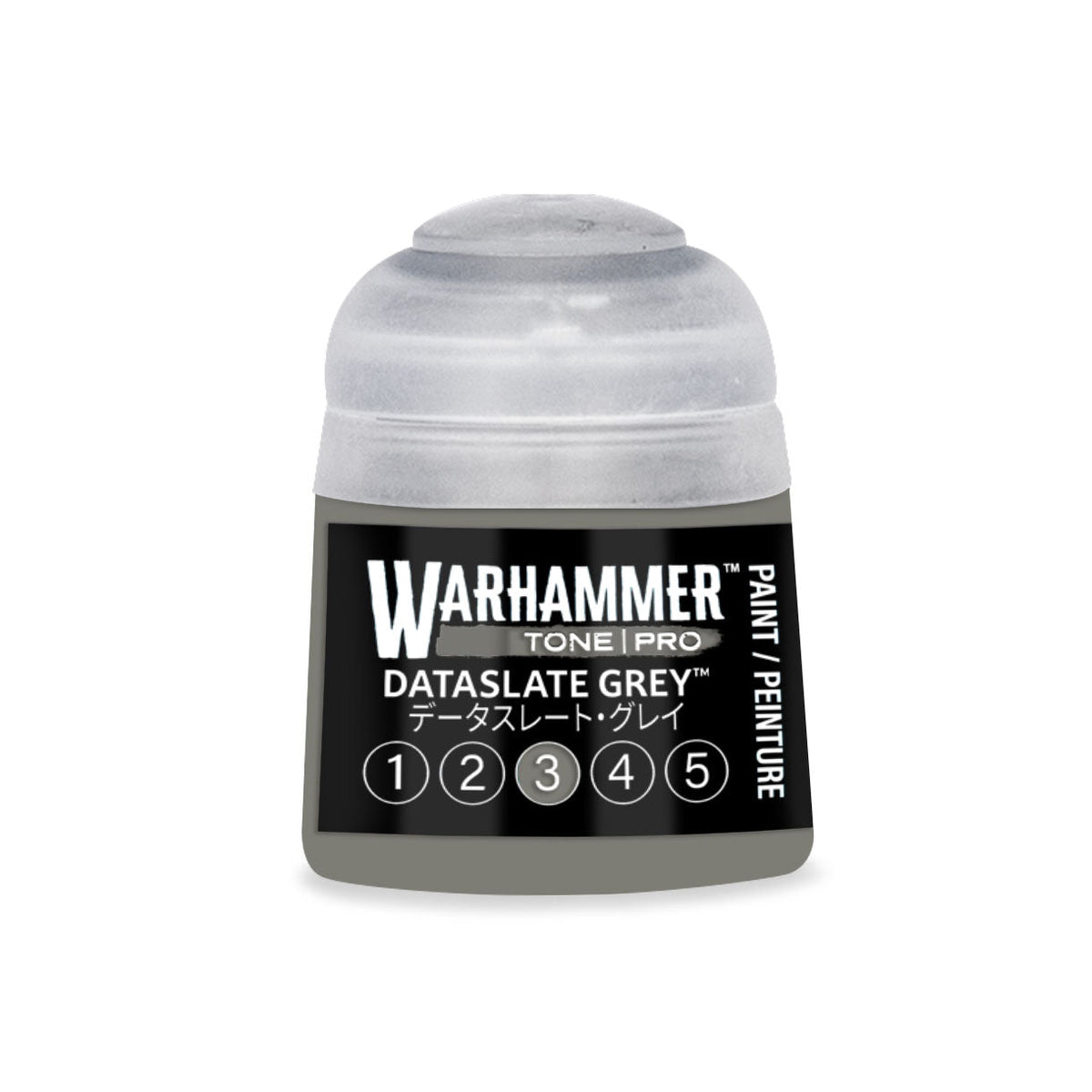 Warhammer tone pro dataslate grey paint bottle with clear plastic cap and black label with white text 12ml