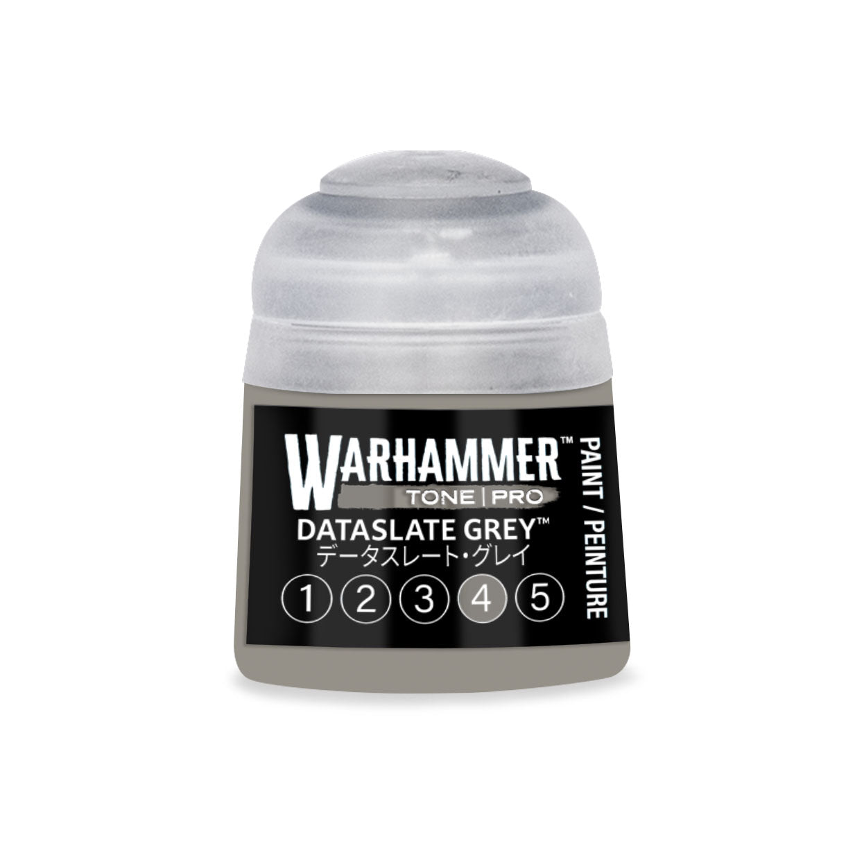 A small cylindrical bottle of Warhammer Tone Pro paint in dataslate grey color for miniature painting
