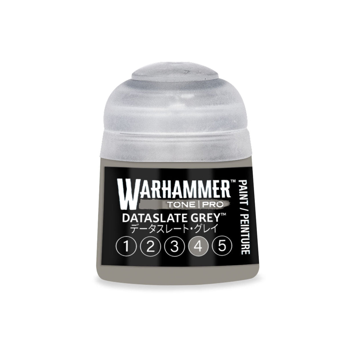 A small cylindrical bottle of Warhammer Tone Pro paint in dataslate grey color for miniature painting