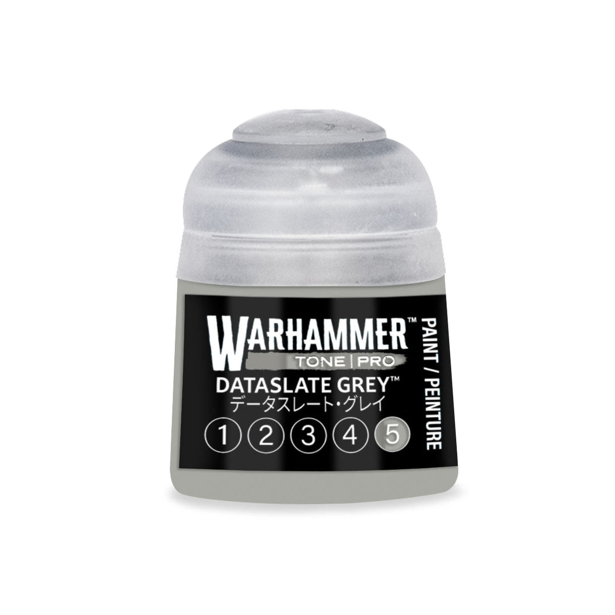 A small translucent plastic bottle of Warhammer Tone Pro paint in dataslate grey color 12ml capacity