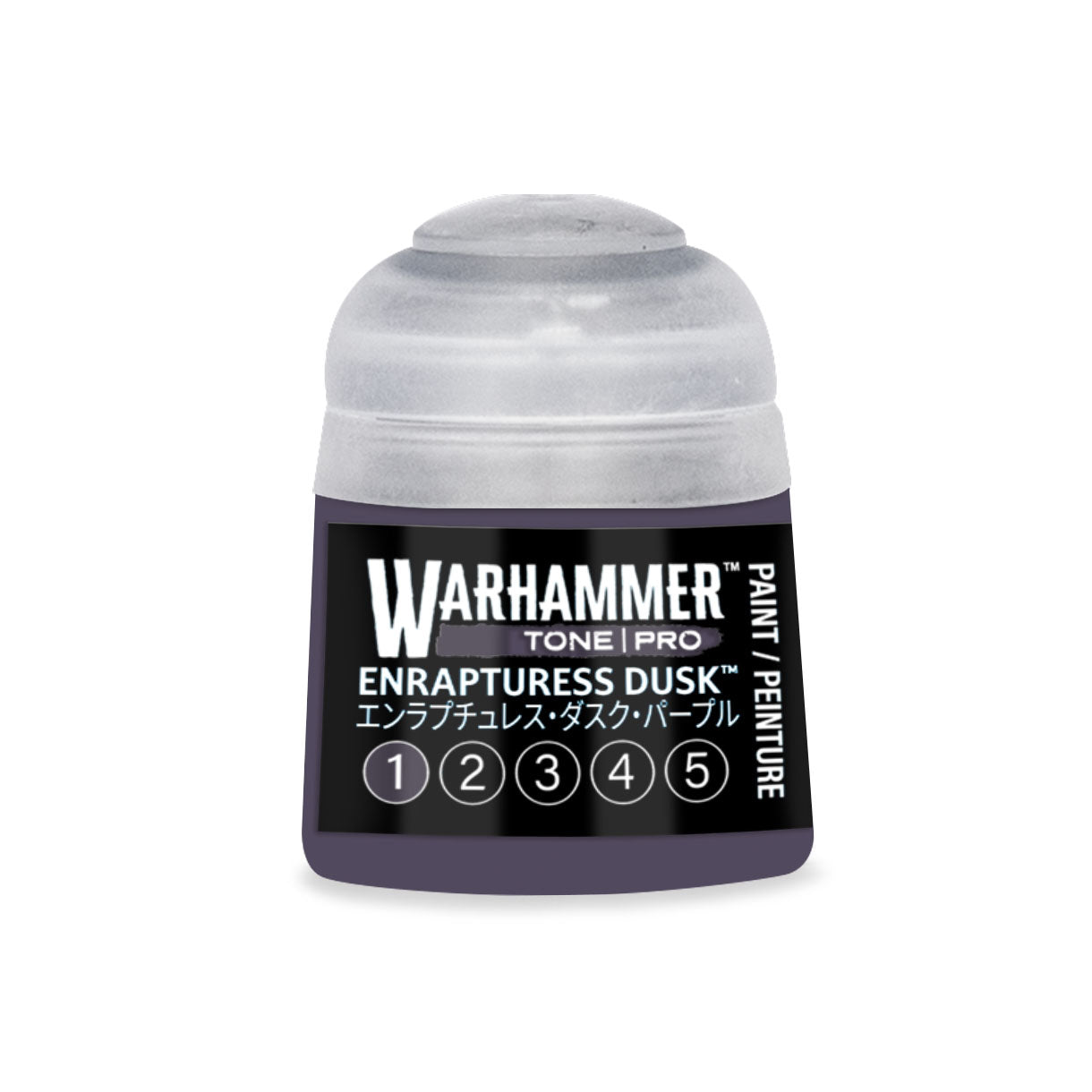 A small dark purple Warhammer Tone Pro Enrapturess Dusk paint bottle with a clear cap and black label in 12ml