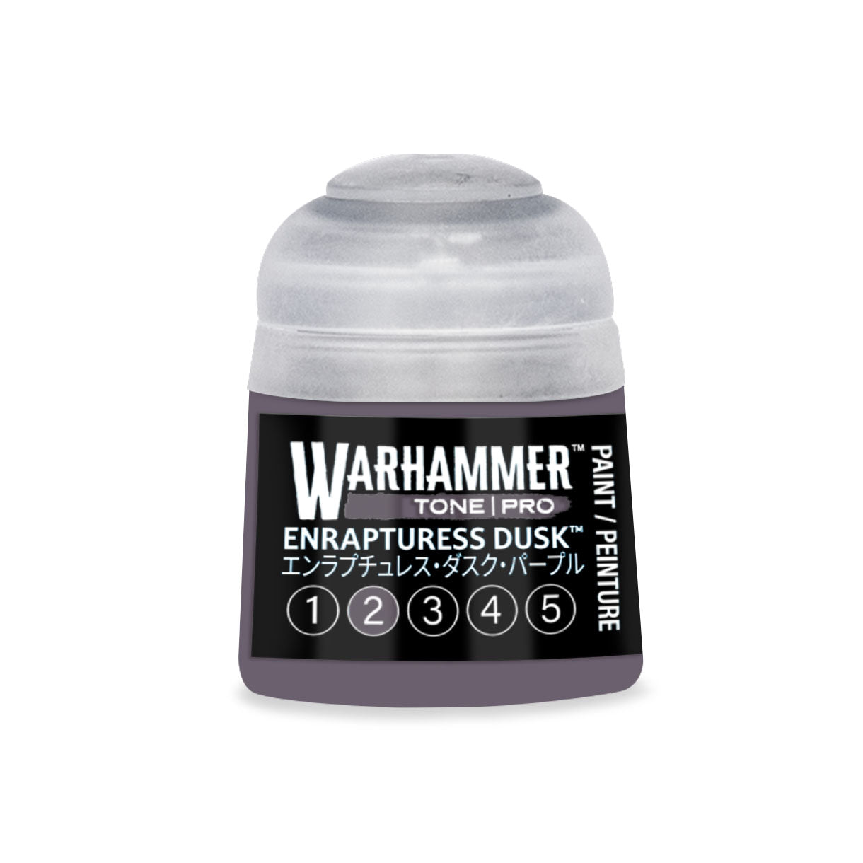 A small cylindrical bottle of Warhammer Tone Pro paint in the color Enrapturess Dusk 12ml for miniature painting