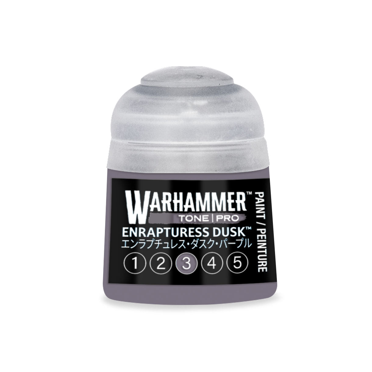 A small translucent plastic bottle of Warhammer Tone Pro paint in the color Enrapture Dusk 12ml