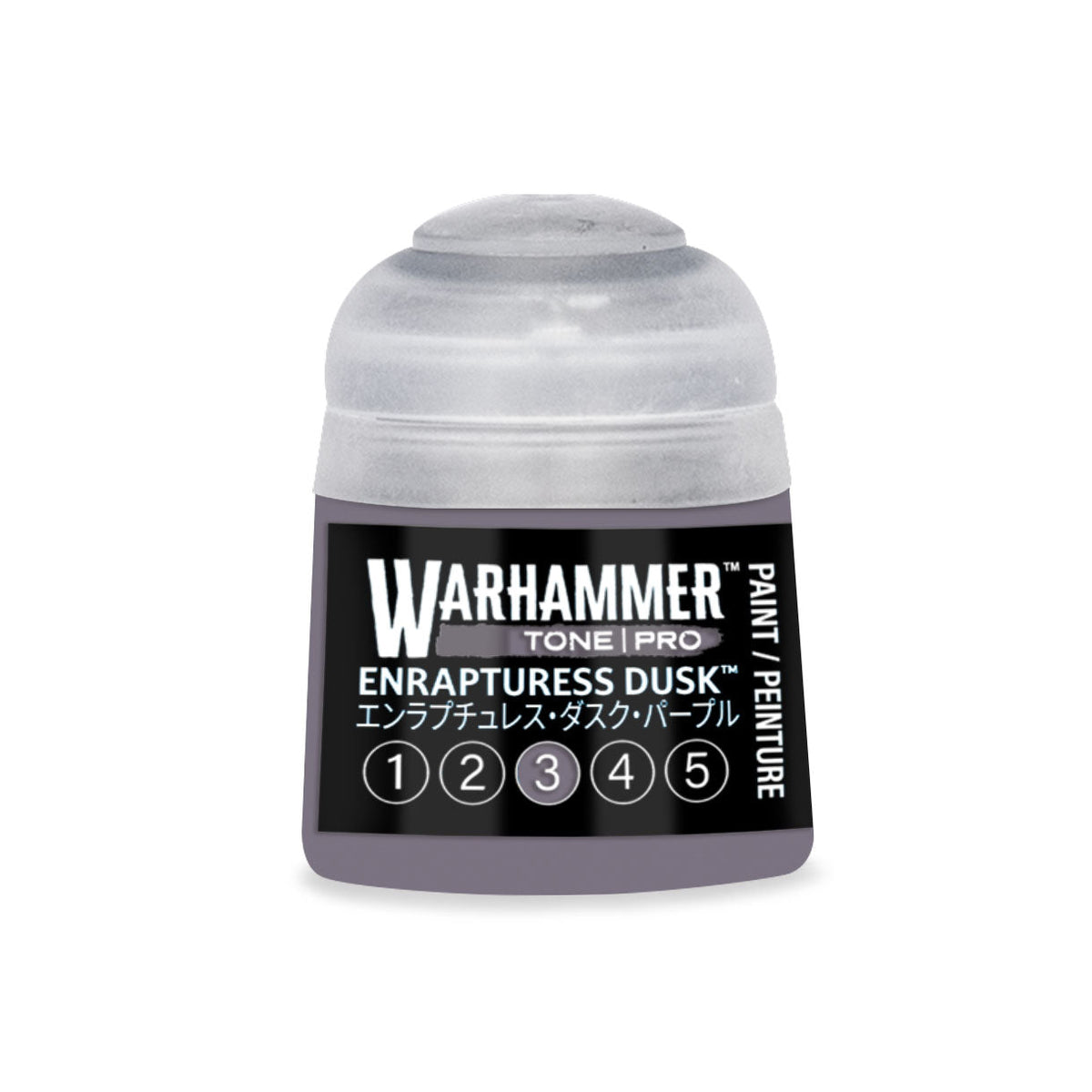 A small translucent plastic bottle of Warhammer Tone Pro paint in the color Enrapture Dusk 12ml