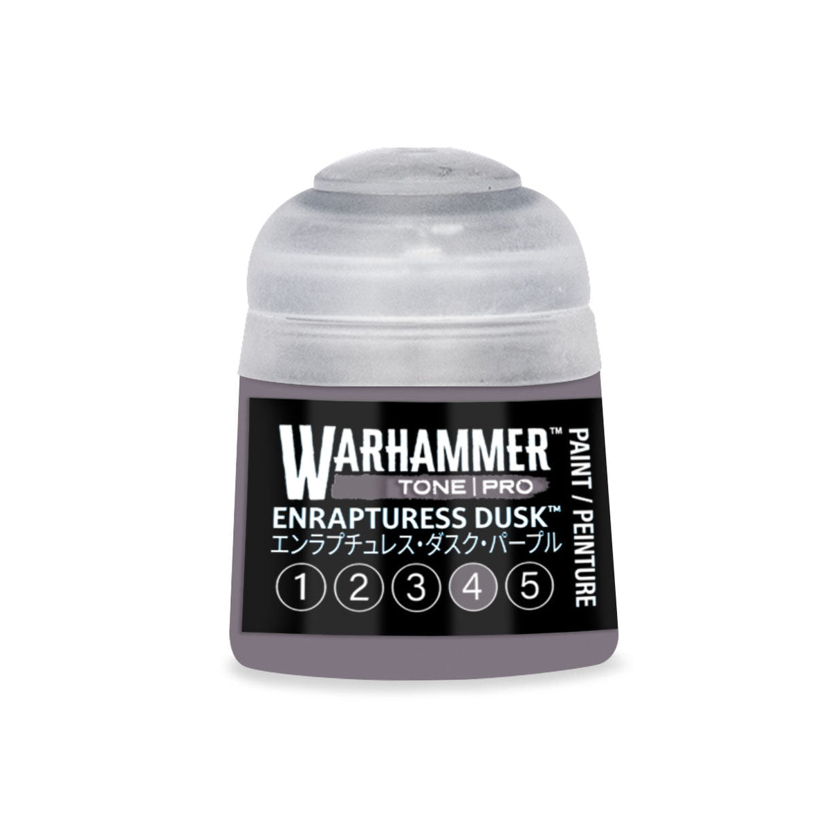 A small cylindrical bottle of Warhammer Tone Pro paint in the shade Enrapture Dusk 12ml for miniature painting