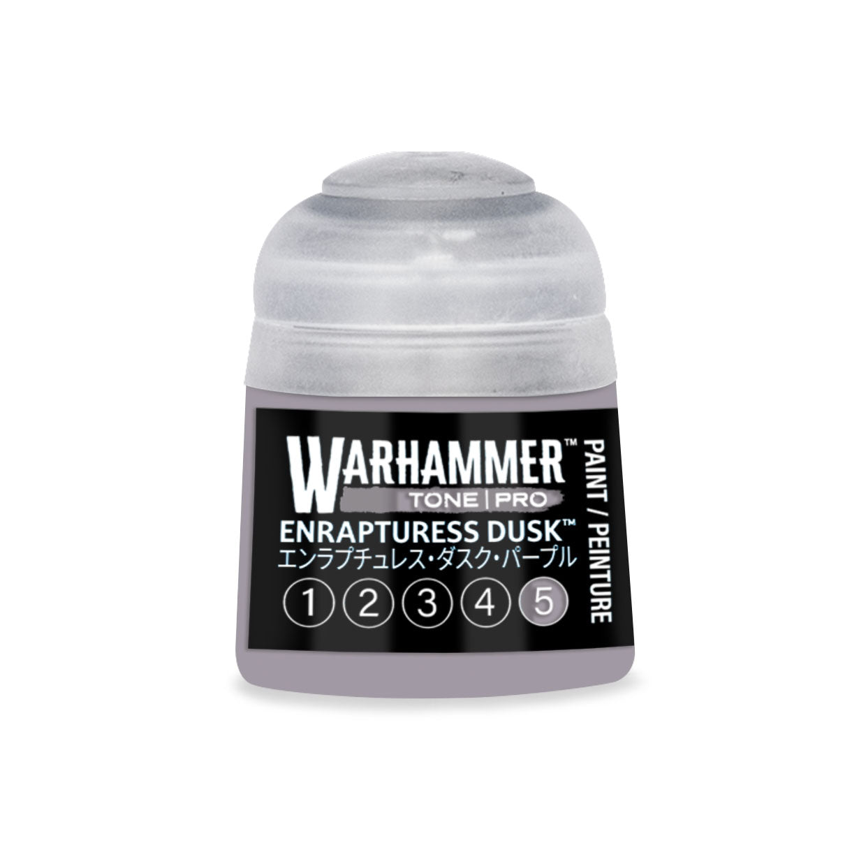 A small translucent plastic bottle of Warhammer Tone Pro paint in the shade Enrapturess Dusk 12ml
