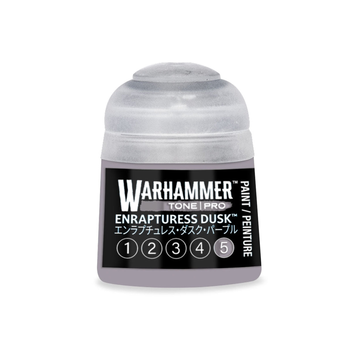 A small translucent plastic bottle of Warhammer Tone Pro paint in the shade Enrapturess Dusk 12ml