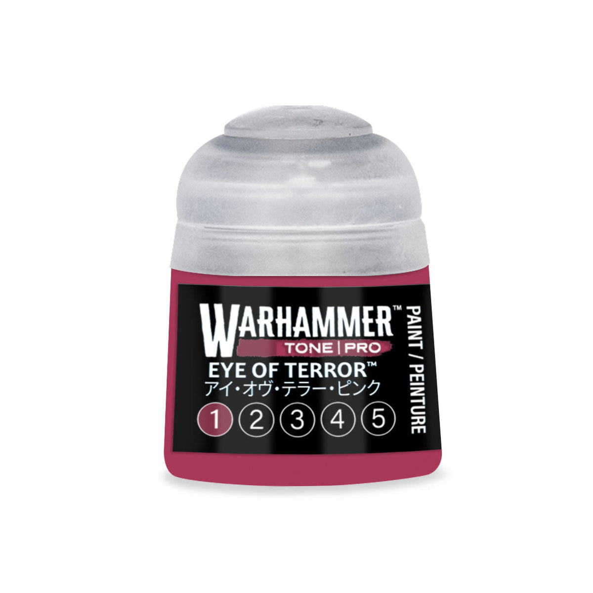 A small translucent plastic bottle of Warhammer Tone Pro Eye of Terror pink paint in 12ml size