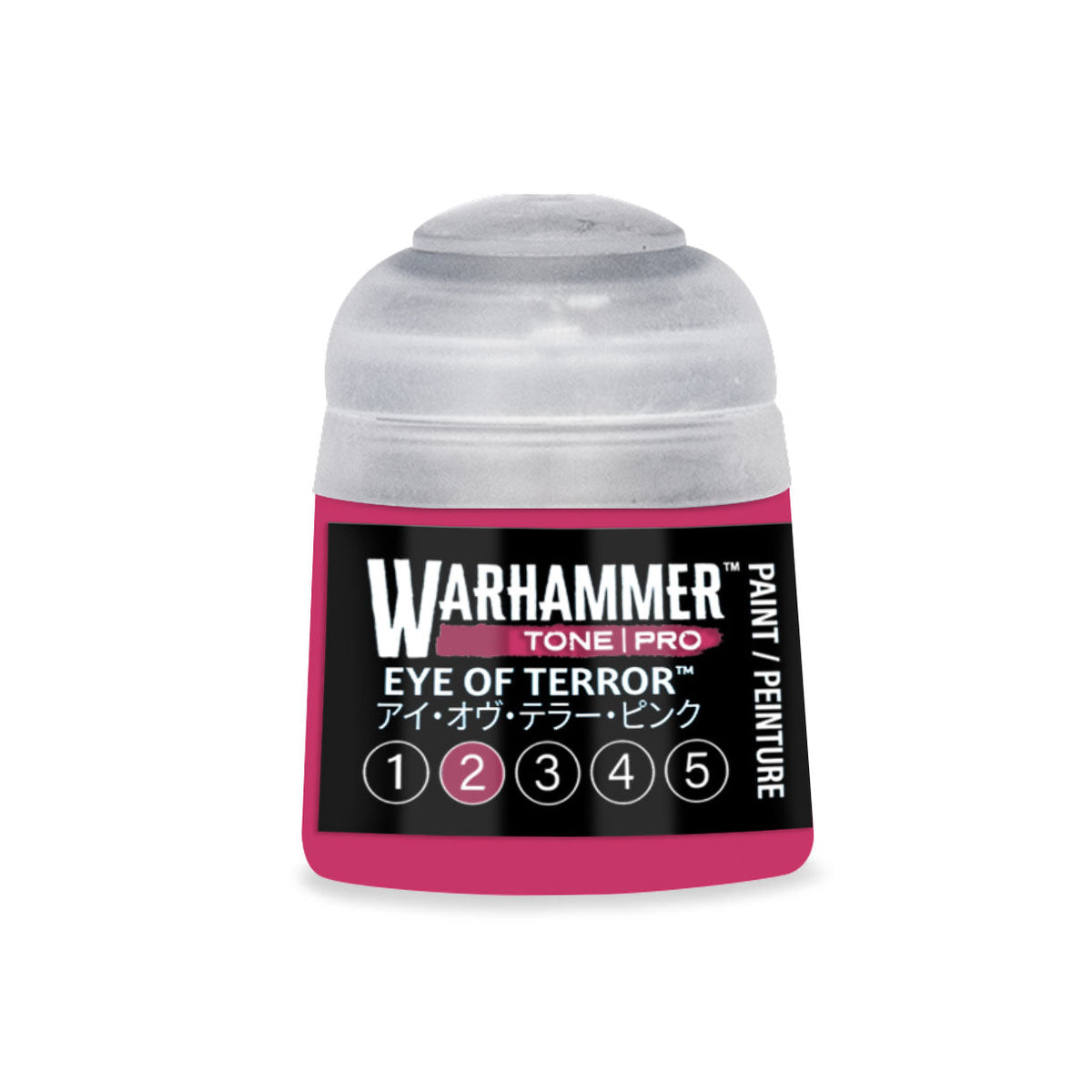 A vibrant pink Warhammer Tone Pro Eye of Terror paint bottle with a clear plastic cap and black label with white text
