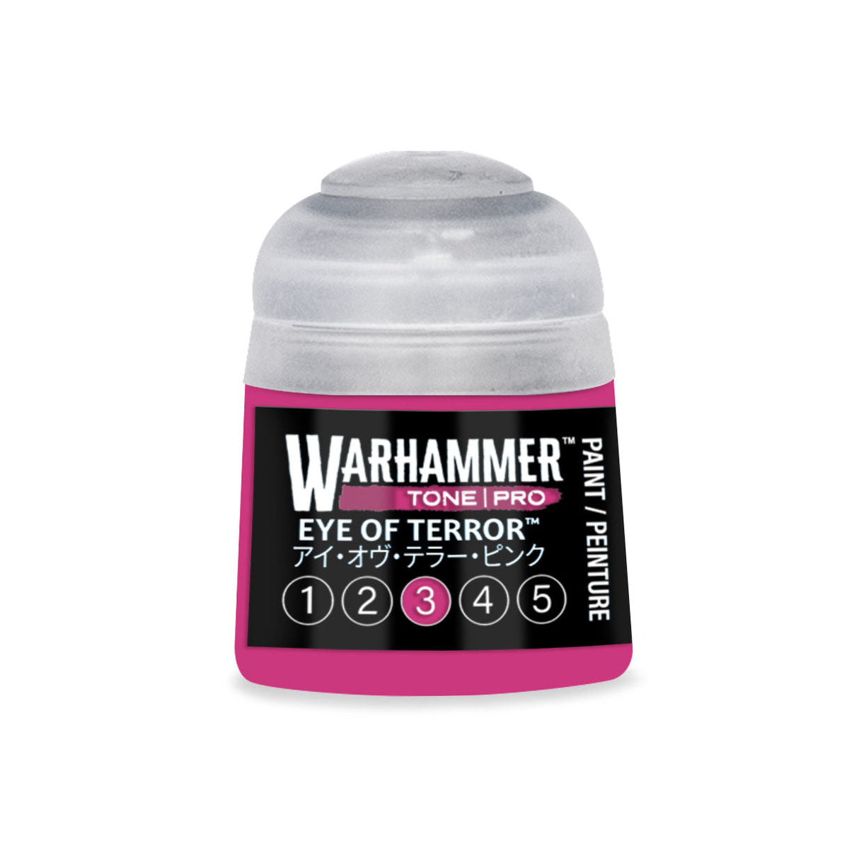 A vibrant pink warhammer tone pro paint bottle labeled eye of terror with a clear plastic cap and black label