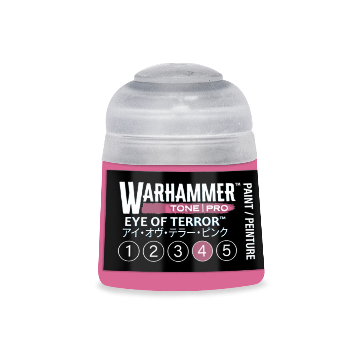 A vibrant pink Warhammer tone pro paint bottle Eye of Terror 12ml with clear plastic cap and black label with white text