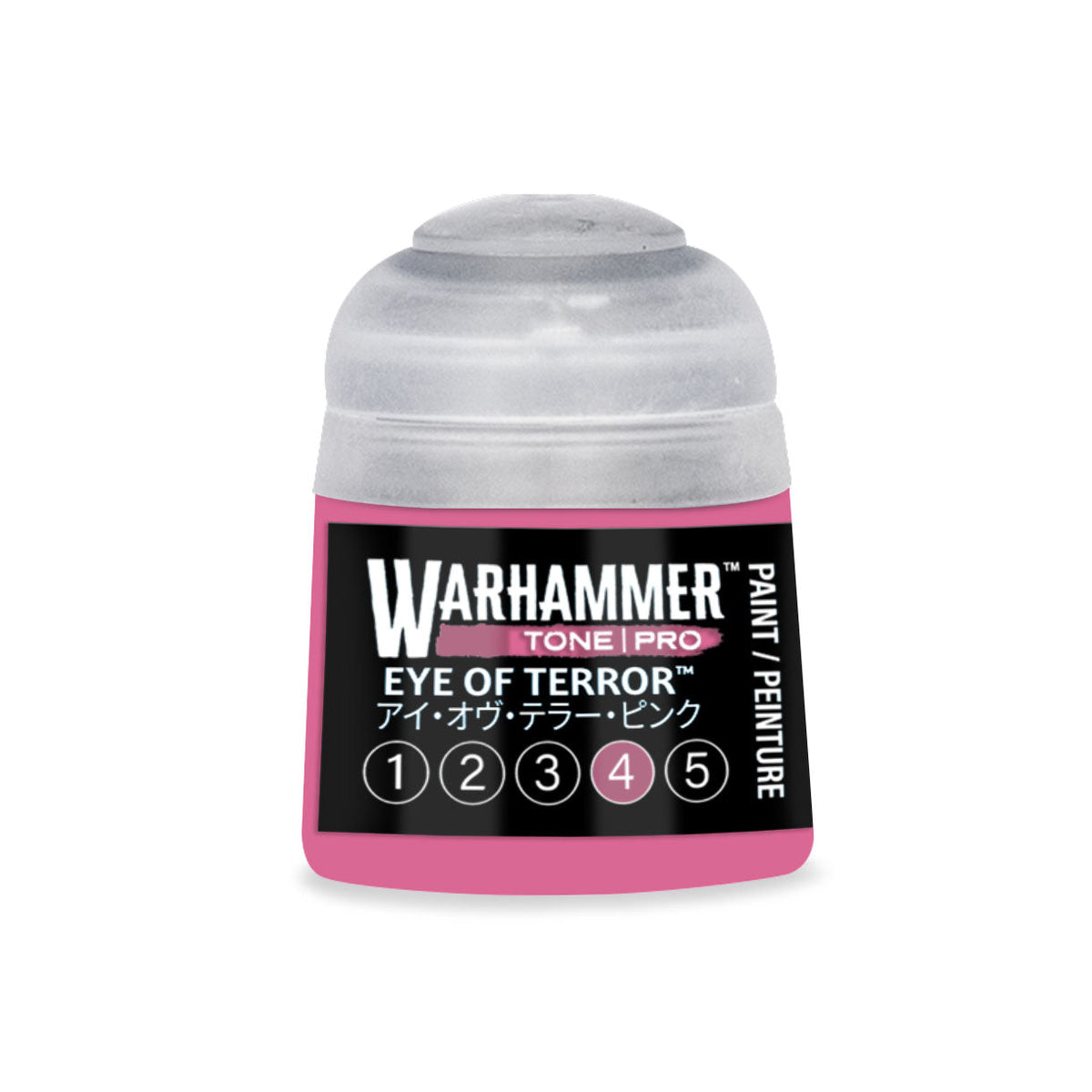 A vibrant pink Warhammer tone pro paint bottle Eye of Terror 12ml with clear plastic cap and black label with white text