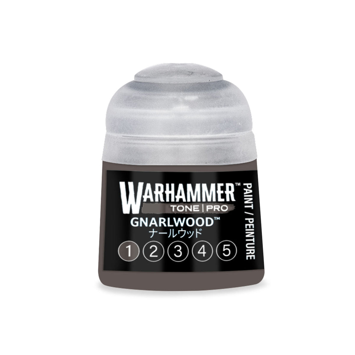 Warhammer tone pro gnarlwood dark brown acrylic paint in a 12ml clear plastic bottle with black label and white text
