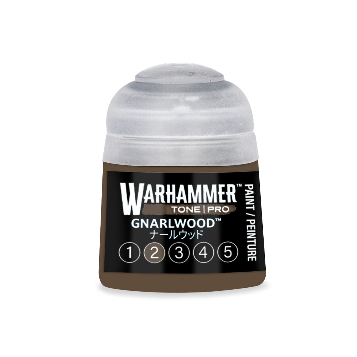 Warhammer tone pro gnarwood 12ml matte brown miniature painting pigment in a clear plastic bottle with black label