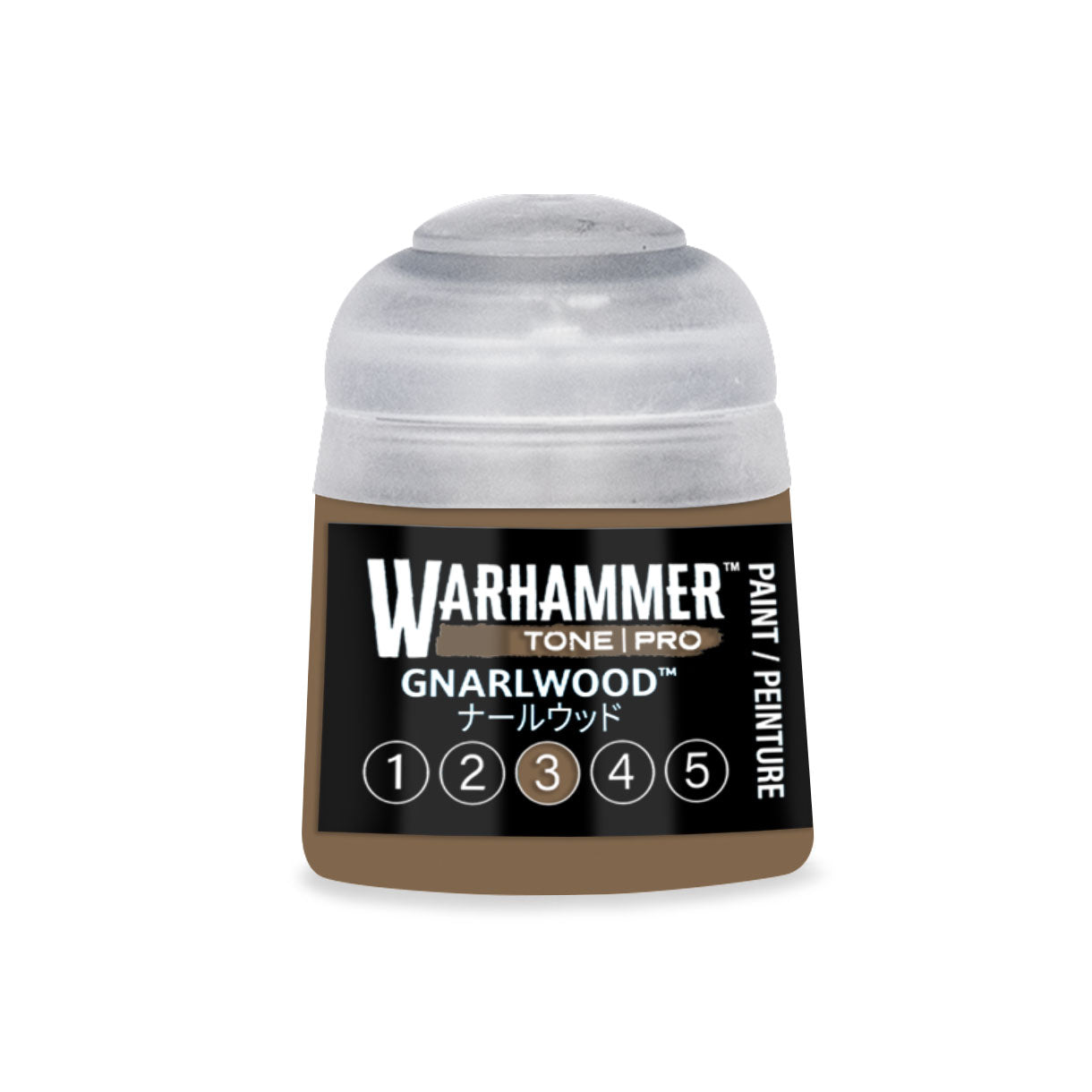 A small cylindrical bottle of Warhammer Tone Pro paint in the color Gnarlwood 12ml for miniature painting