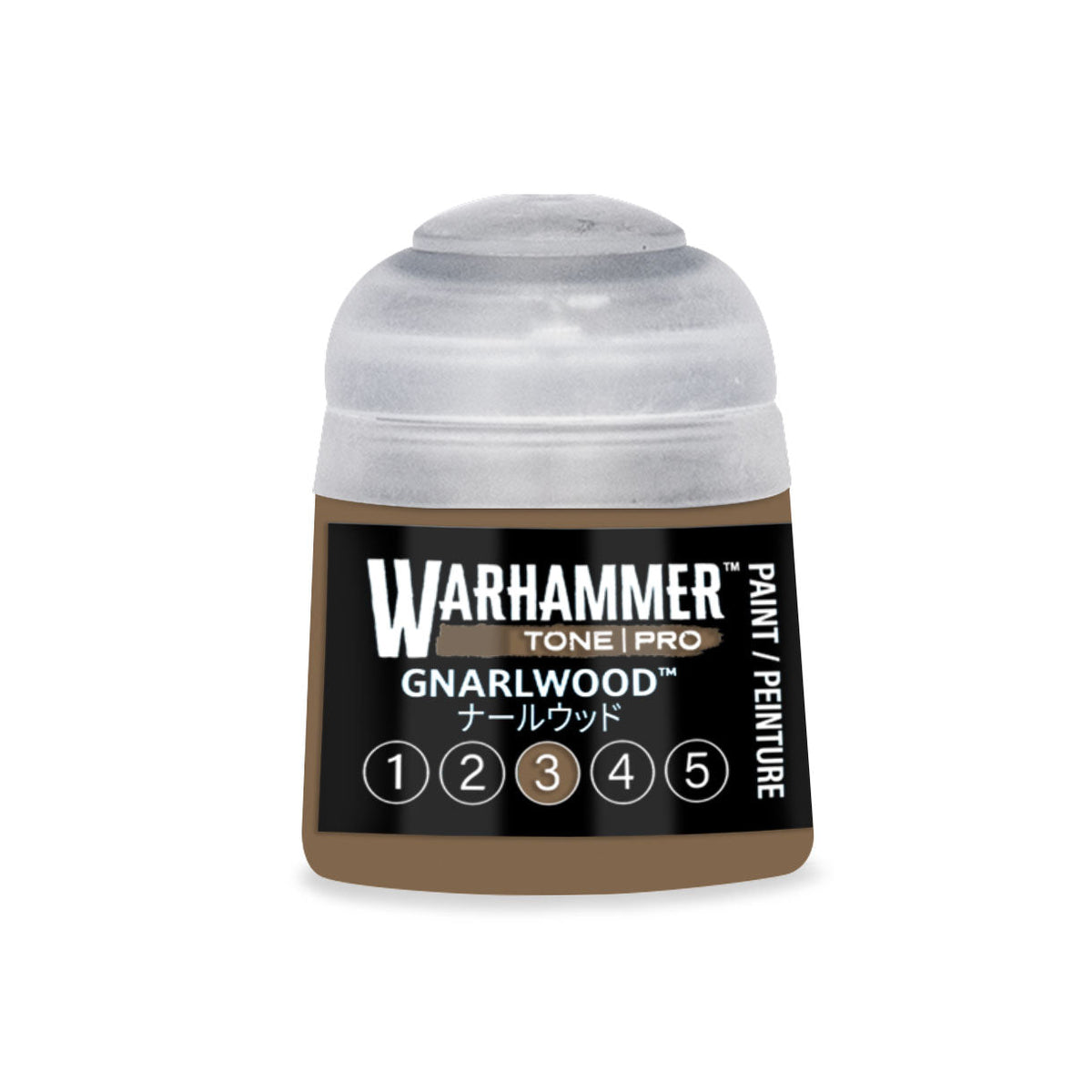 A small cylindrical bottle of Warhammer Tone Pro paint in the color Gnarlwood 12ml for miniature painting
