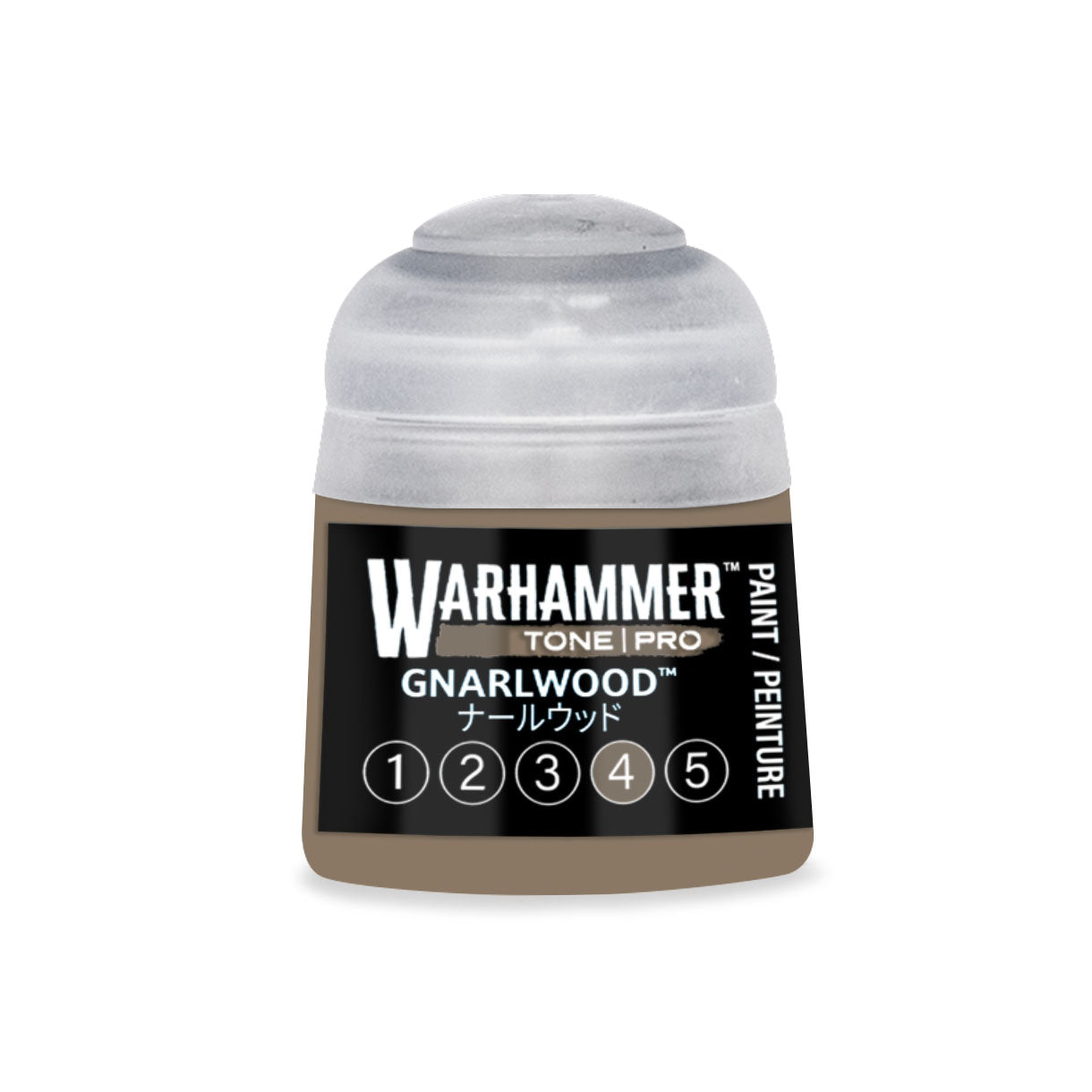 Warhammer tone pro gnarlwood matte brown miniature painting pigment in a clear plastic bottle with black label 12ml