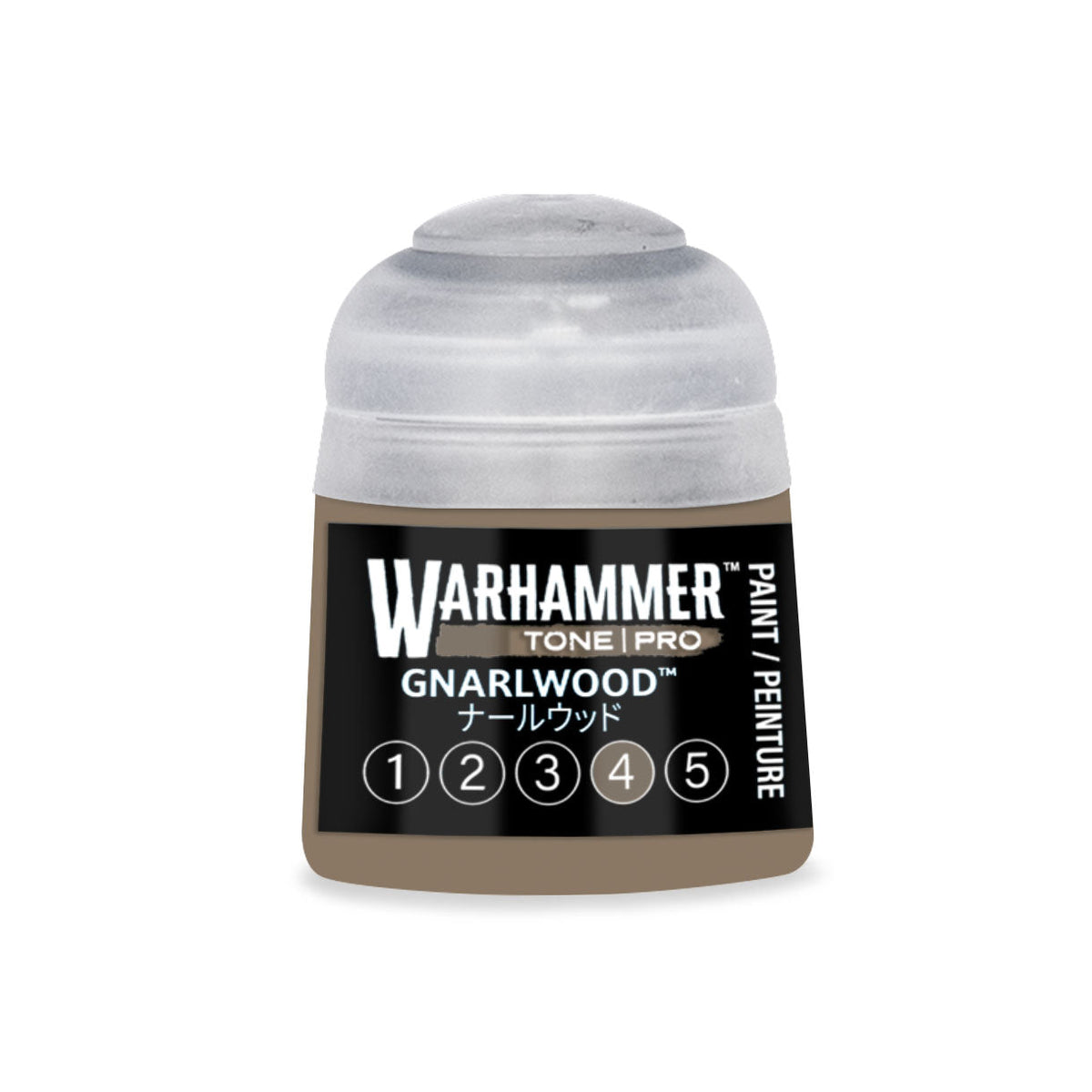 Warhammer tone pro gnarlwood matte brown miniature painting pigment in a clear plastic bottle with black label 12ml