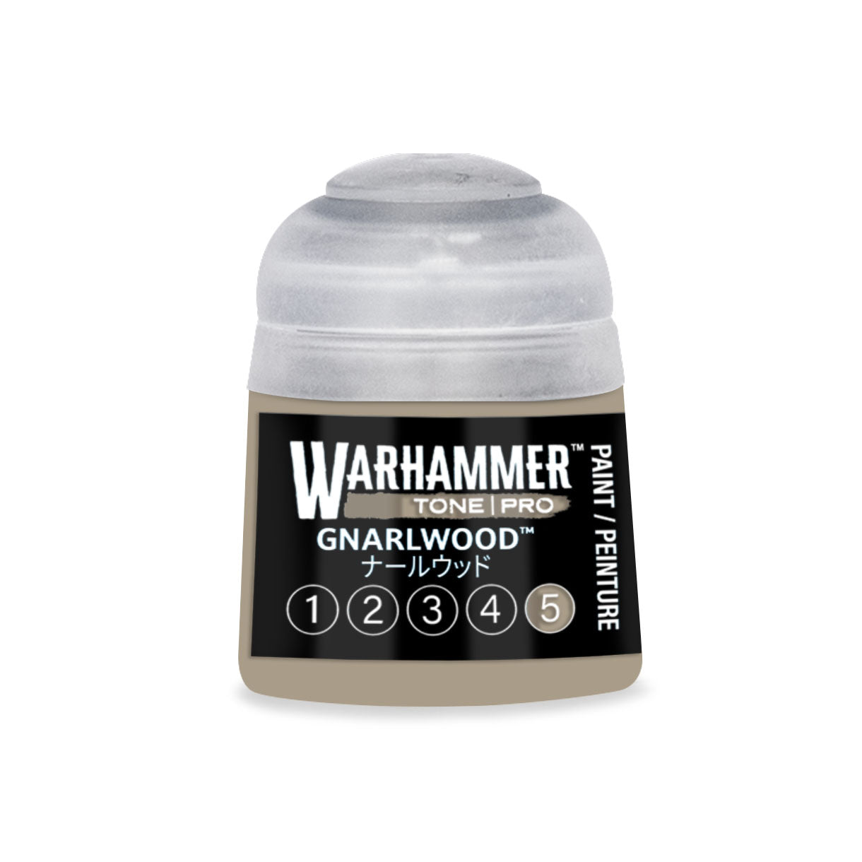 A small translucent plastic bottle of Warhammer Tone Pro Gnarlwood paint with black label and white text 12ml