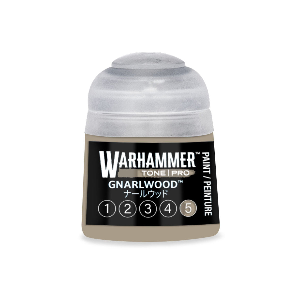 A small translucent plastic bottle of Warhammer Tone Pro Gnarlwood paint with black label and white text 12ml