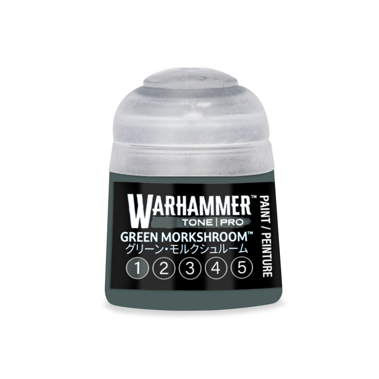 A small cylindrical bottle of Warhammer Tone Pro paint in green Morkshroom shade 12ml for miniature detailing