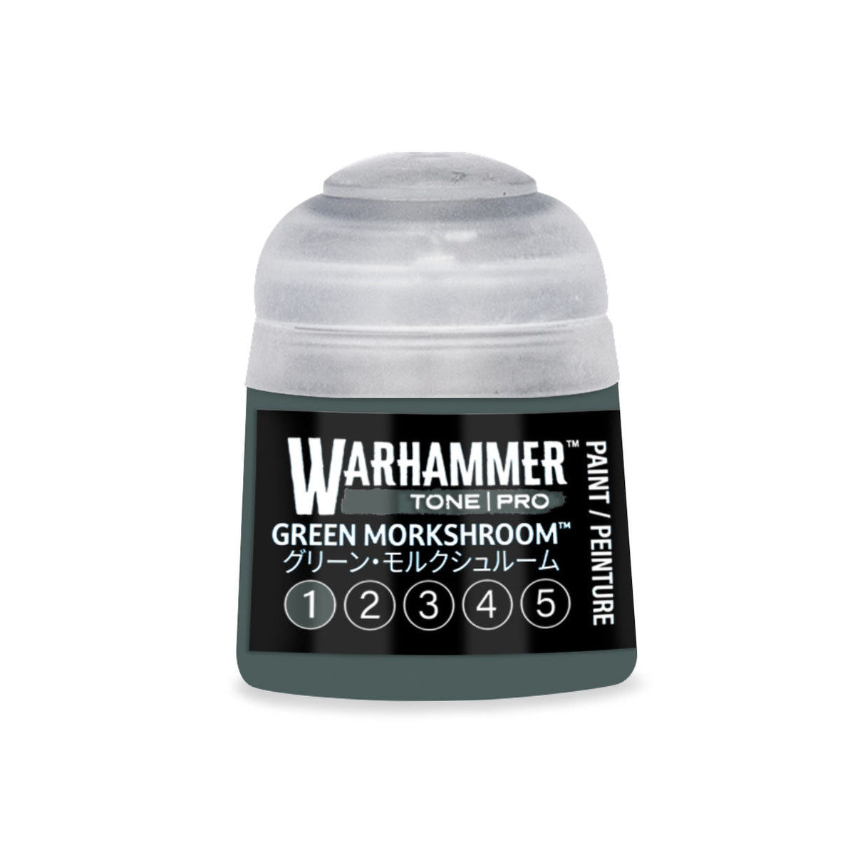 A small cylindrical bottle of Warhammer Tone Pro paint in green Morkshroom shade 12ml for miniature detailing