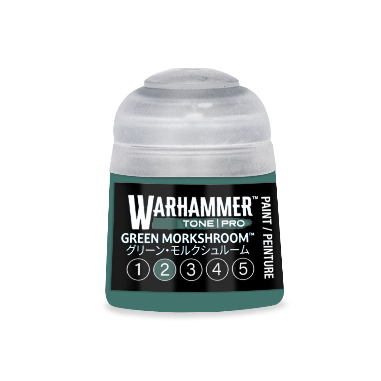 A small translucent plastic bottle of Warhammer Tone Pro paint in green morkshroom 12ml