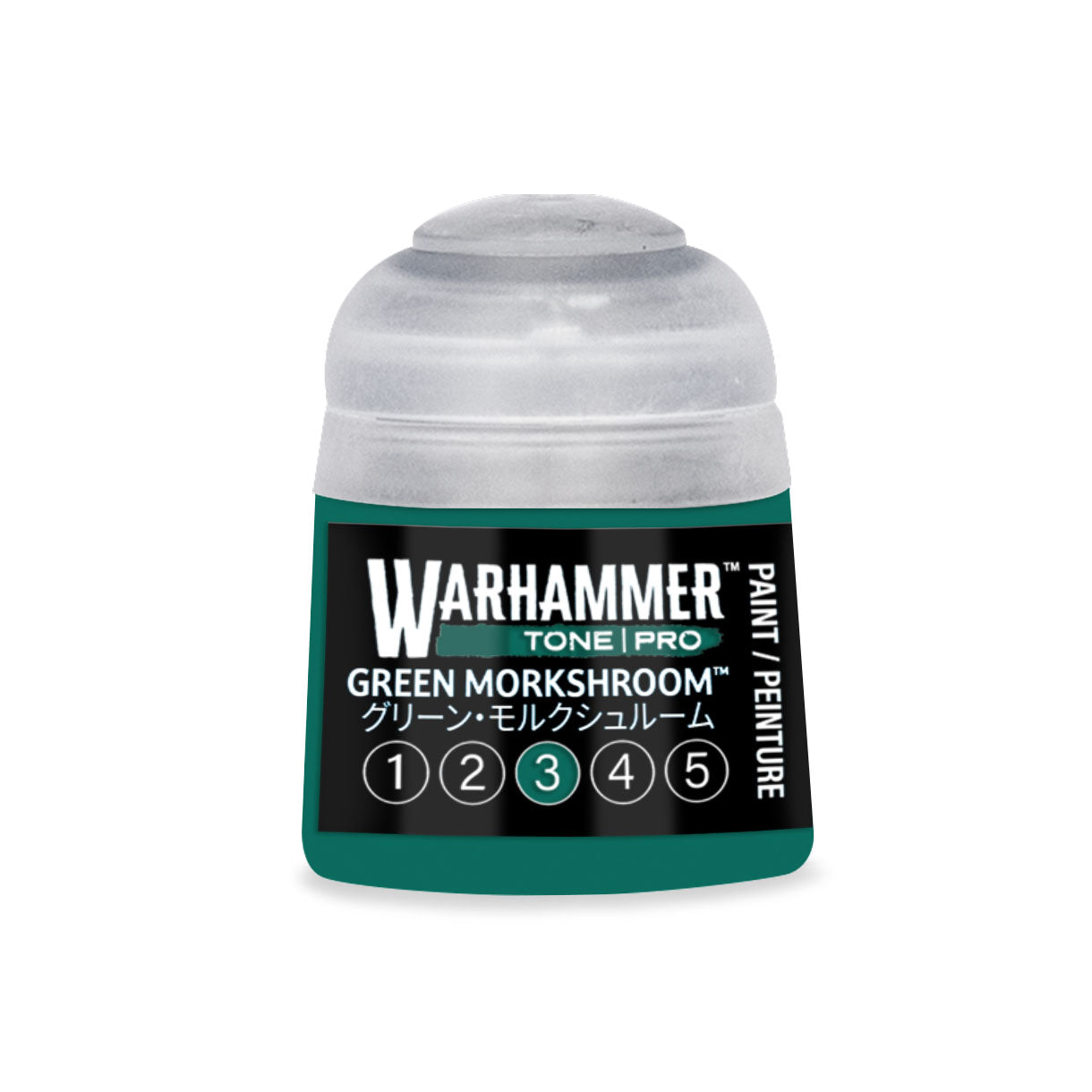 A small translucent plastic bottle with teal label and cap containing Warhammer Tone Pro Green Morkshroom paint 12ml