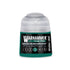 A small translucent plastic bottle with teal label and cap containing Warhammer Tone Pro Green Morkshroom paint 12ml