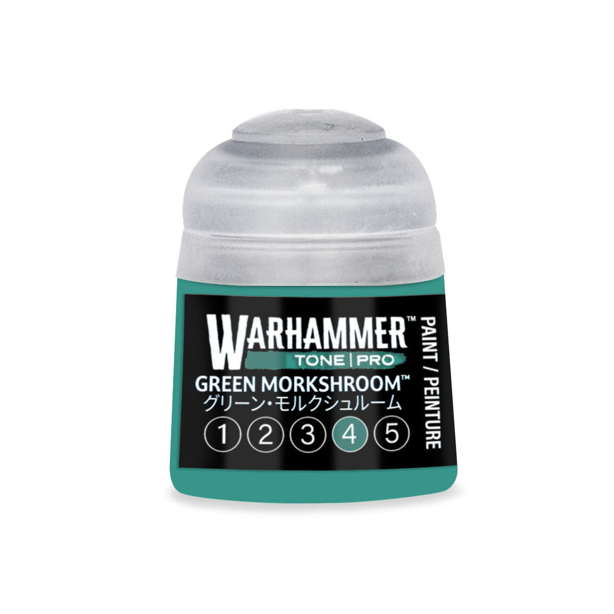 A small translucent plastic bottle of Warhammer Tone Pro paint in green Morkshroom with a teal label and black text