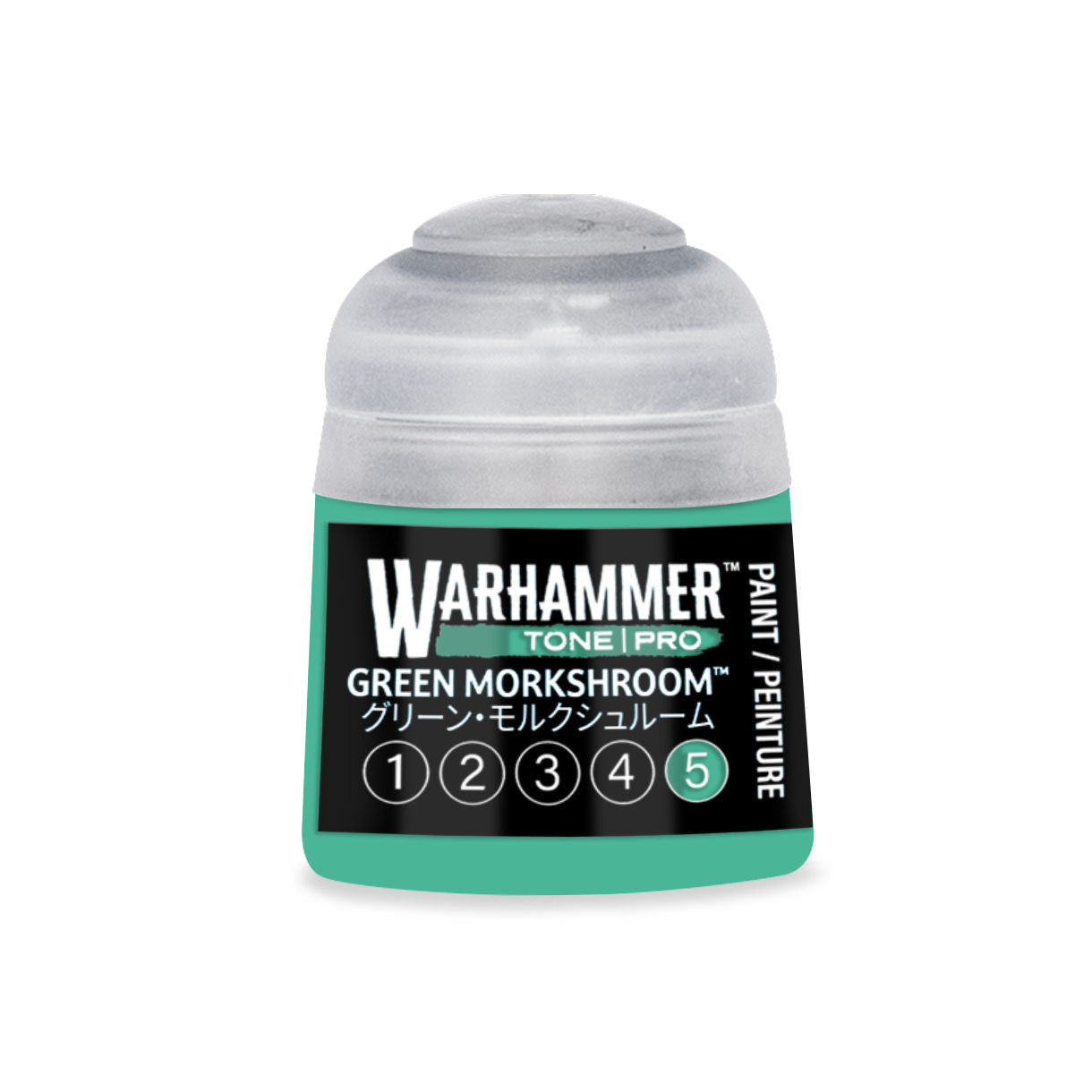 A small cylindrical 12ml bottle of Warhammer Tone Pro paint in green morkshroom for miniatures painting