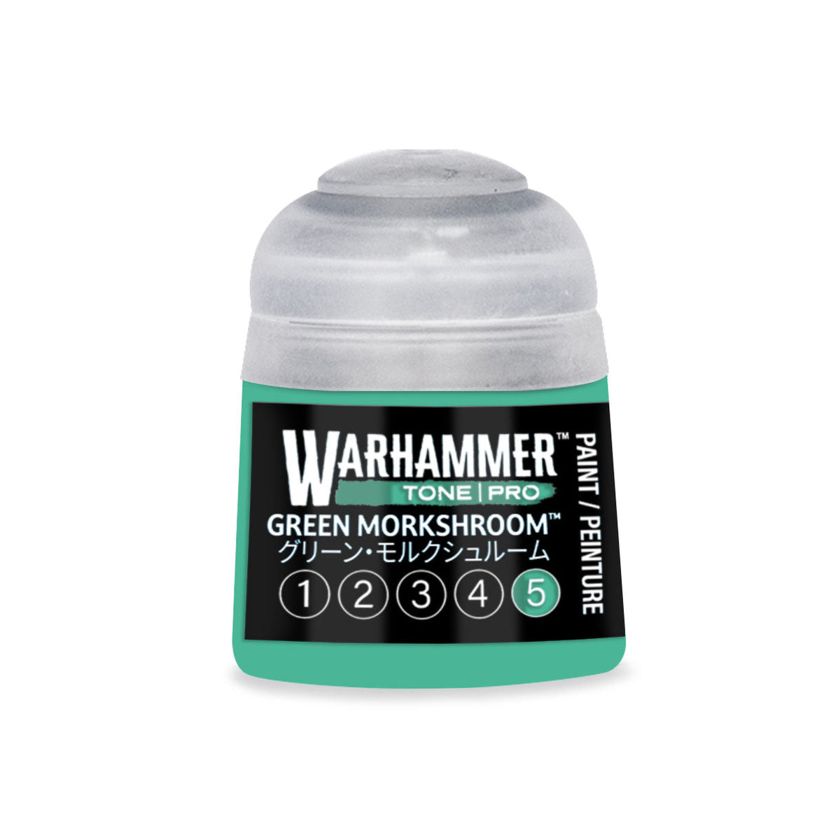 A small cylindrical 12ml bottle of Warhammer Tone Pro paint in green morkshroom for miniatures painting