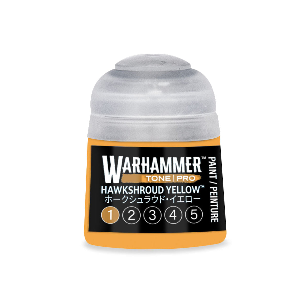 Warhammer tone pro paint bottle in vibrant hawkshroud yellow with orange black label and japanese text 12ml