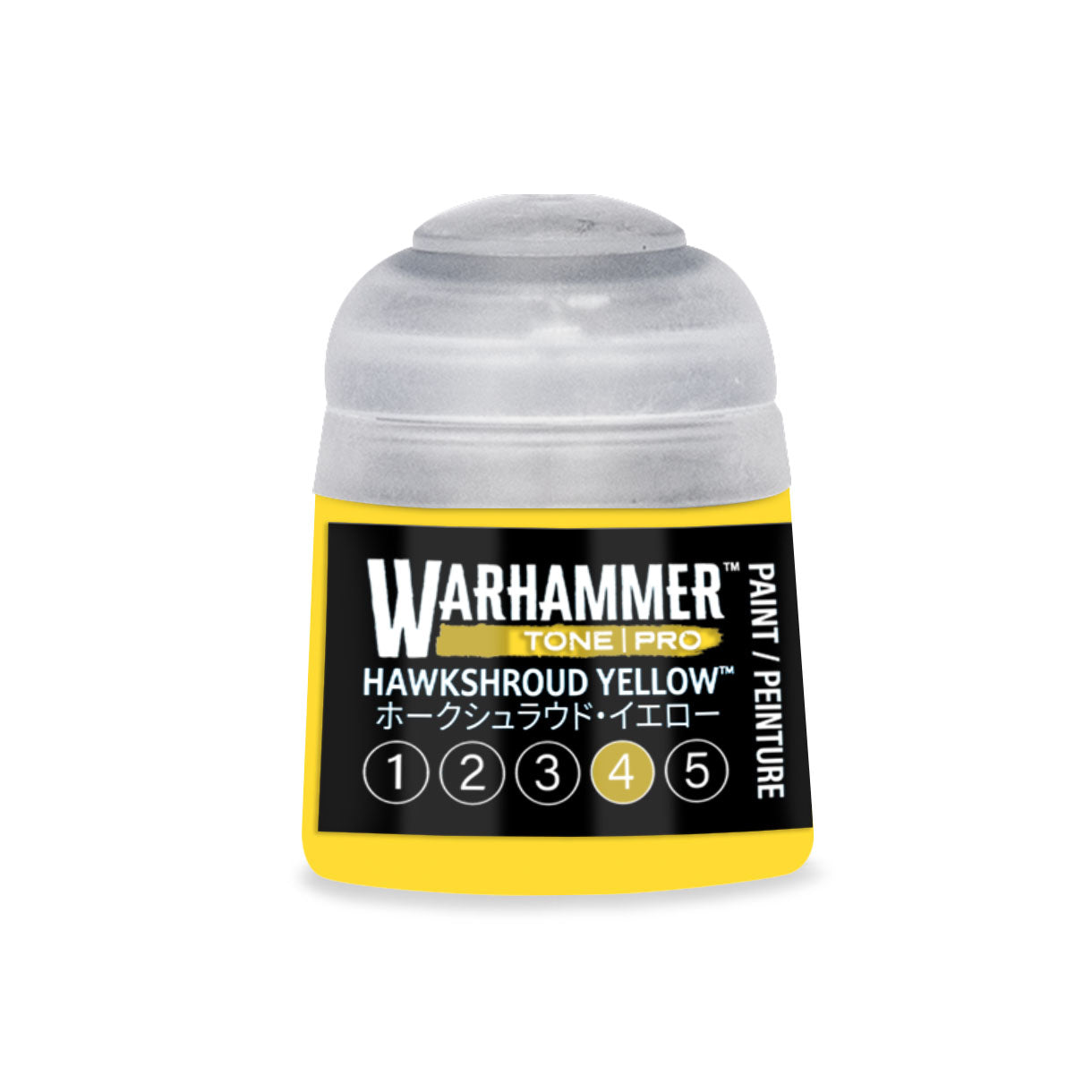 A vibrant Warhammer Tone Pro paint bottle in hawkshroud yellow with a black label and clear plastic cap 12ml