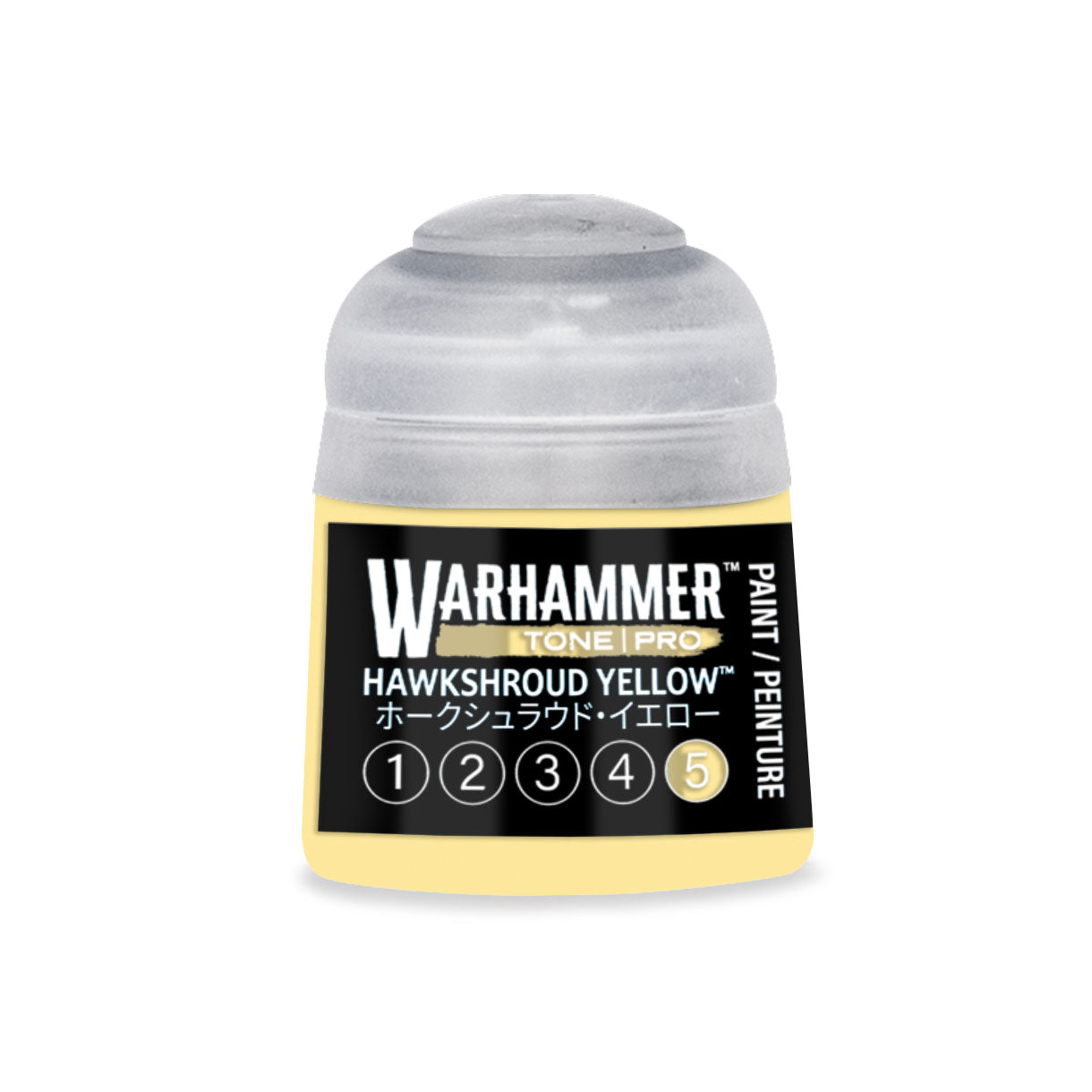 A small cylindrical bottle of Warhammer Tone Pro paint in hawkshroud yellow for miniature painting 12ml
