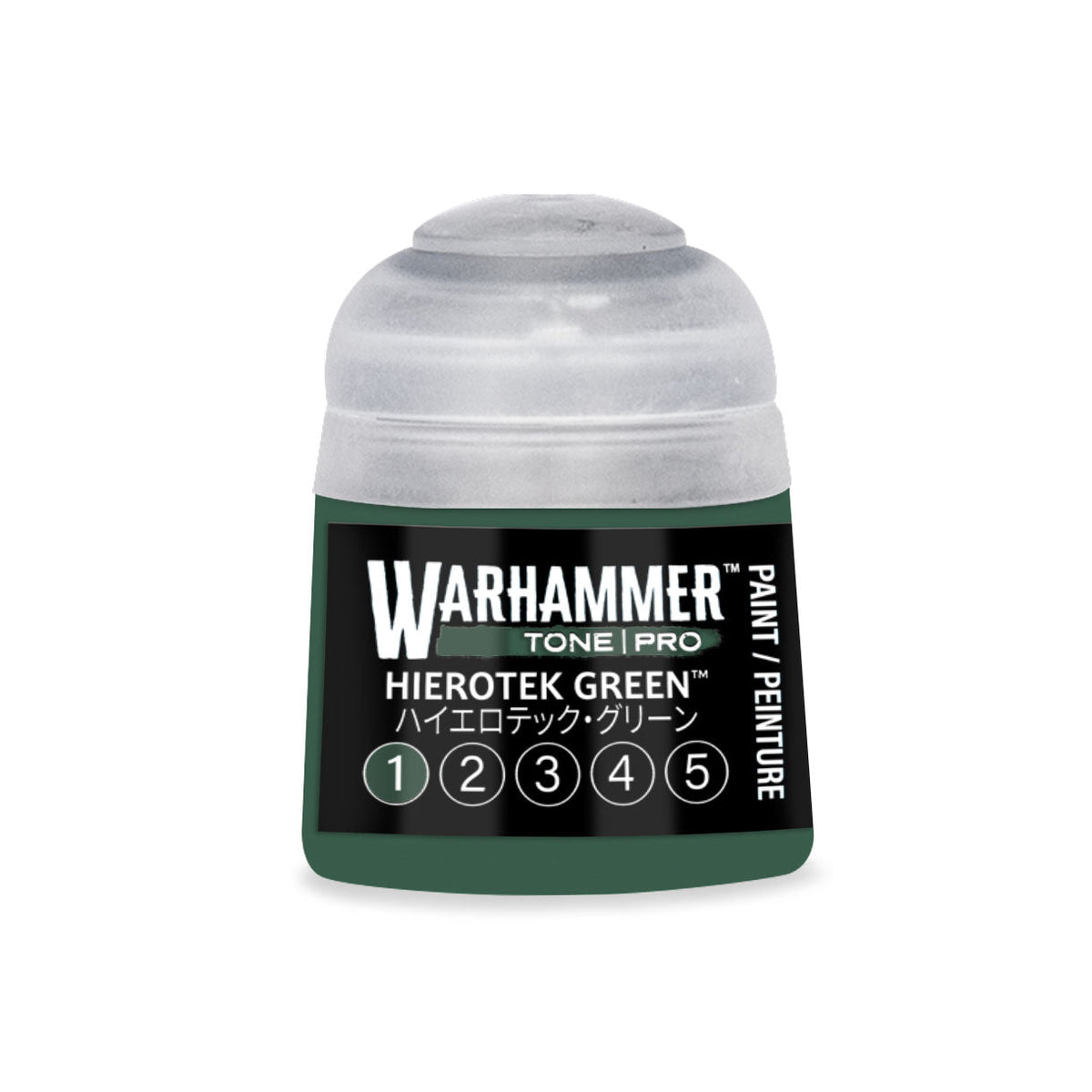 A small cylindrical bottle of Warhammer Tone Pro Hierotek green paint with a clear plastic cap and black label