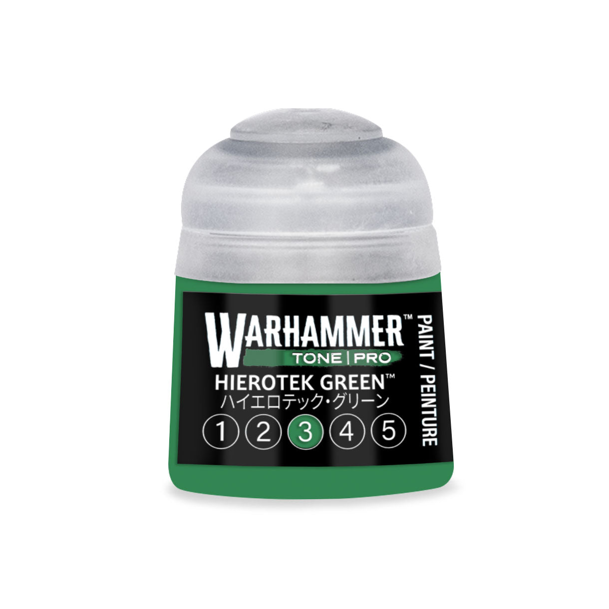 A small cylindrical bottle of warhammer tone pro hierotek green paint with a clear cap and black label with green accents