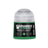 A small cylindrical bottle of warhammer tone pro hierotek green paint with a clear cap and black label with green accents