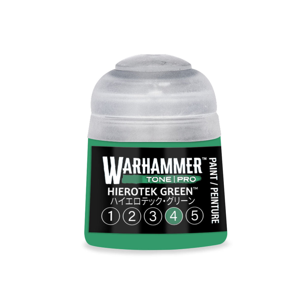 A small cylindrical bottle of Warhammer Tone Pro Hierotek Green paint with a clear cap and green label with black text