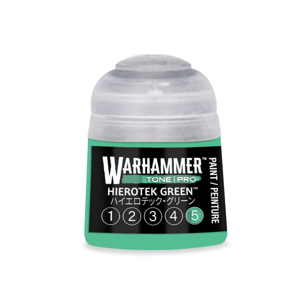 A small translucent plastic bottle of Warhammer Tone Pro Hierotek Green paint with a black label and teal accents