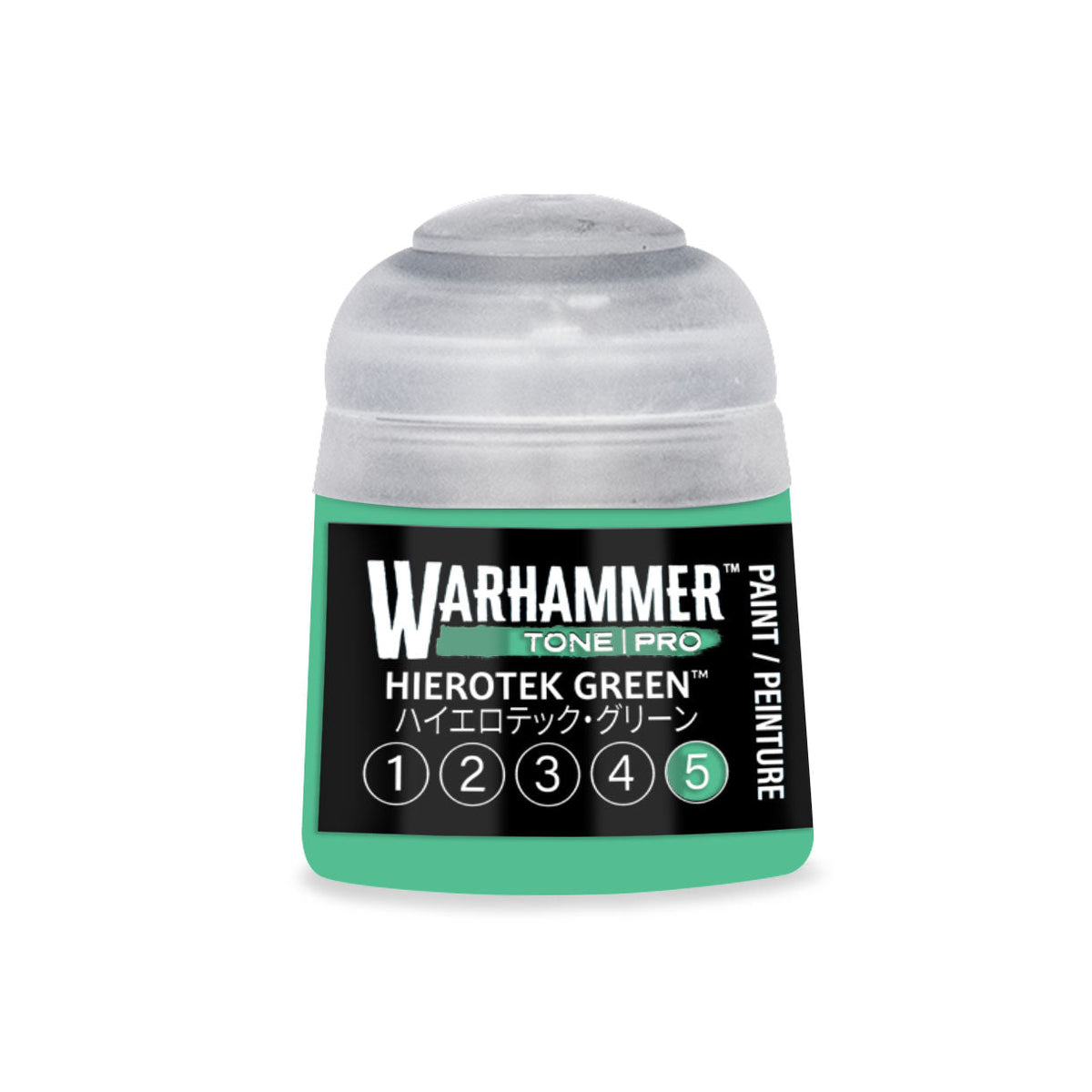 A small translucent plastic bottle of Warhammer Tone Pro Hierotek Green paint with a black label and teal accents