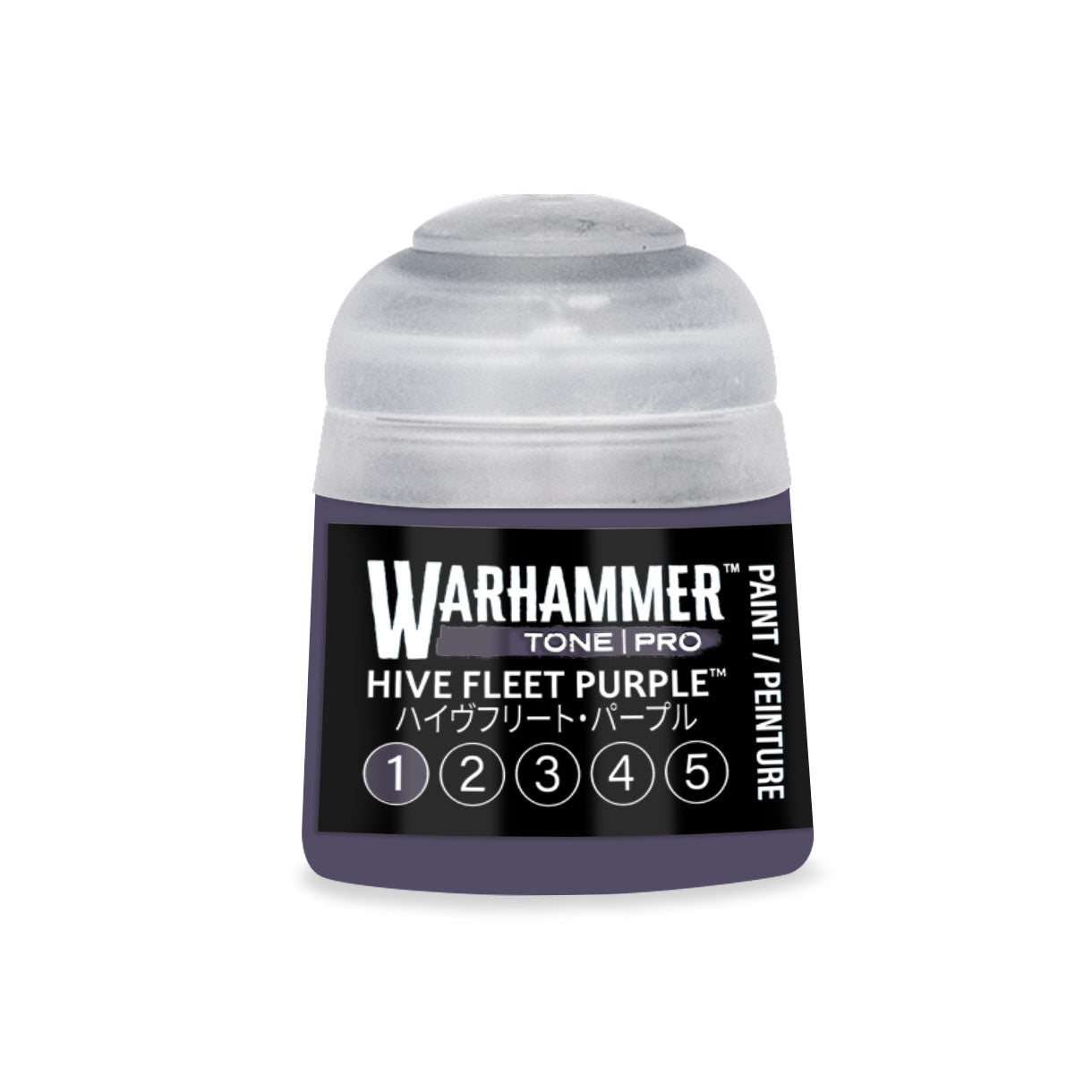A small cylindrical bottle of Warhammer Tone Pro paint in Hive Fleet Purple with a clear plastic cap and black label