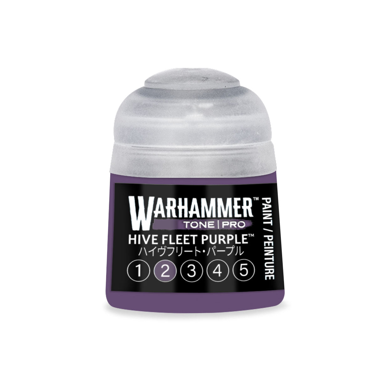 A small cylindrical bottle of warhammer tone pro paint in hive fleet purple for miniature painting 12ml